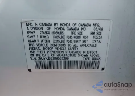 2008 Honda Ridgeline Rtx from USA, damaged, VIN 2HJYK16328H539209